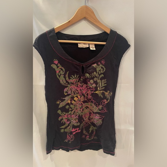 Dkny Tops - DKNY Black Womens Tee with Vibrant Floral Design M